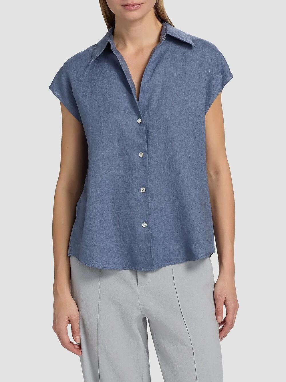 Vince Cap Sleeve Linen Button Down Blouse in Blue size S small